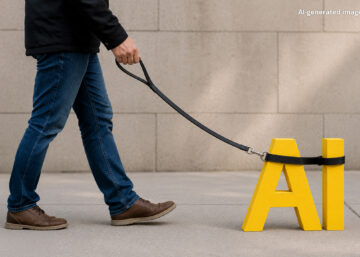 A man walking an artificial intelligence on a leash