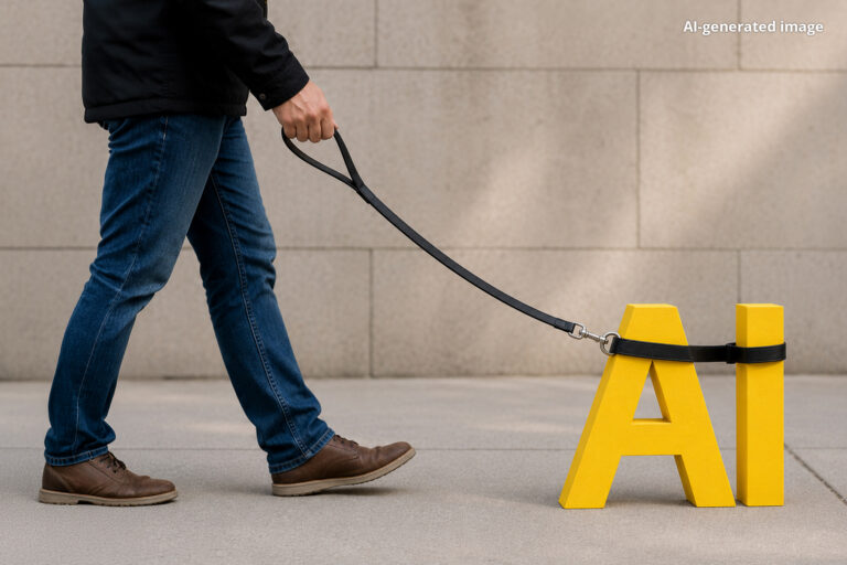 A man walking an artificial intelligence on a leash