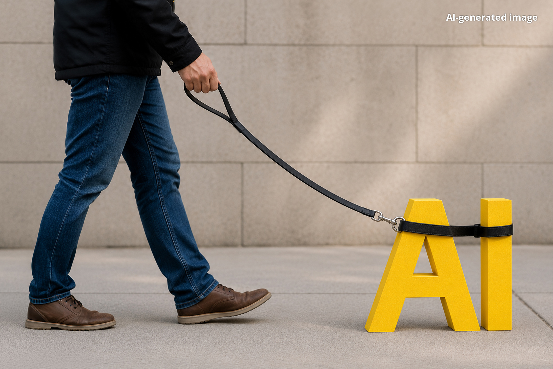A man walking an artificial intelligence on a leash